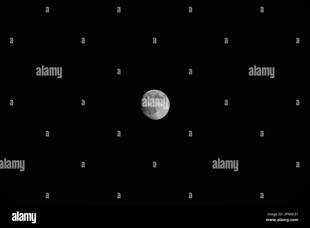 Una luna gibbosa luminosa risplende nella completa oscurità del cielo notturno. Foto Stock