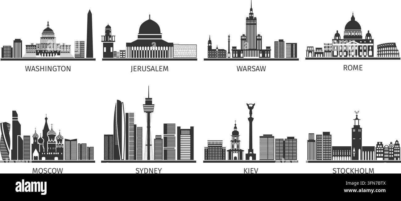 Set di panorami urbani con monumenti di Washington, Gerusalemme, Varsavia, Roma, Mosca, Sydney, Kiev e Stoccolma. Illustrazione Vettoriale
