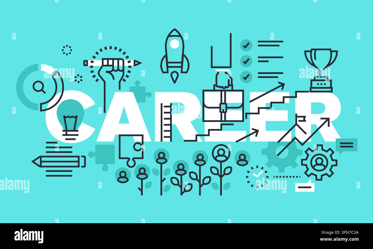 Banner vettoriale di carriera e infografica aziendale con icone a linee sottili, tipografia, razzo, valigetta, scale, trofeo e simboli professionali. Illustrazione Vettoriale
