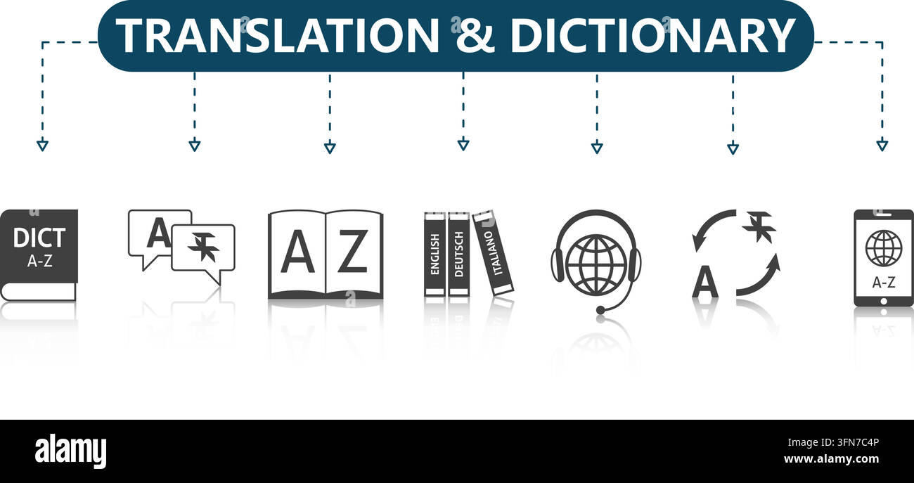 Infografica vettoriale di traduzione e dizionario con icone piatte in grigio scuro e nero per libri, palloncini parlanti, audio e app mobili. Illustrazione Vettoriale