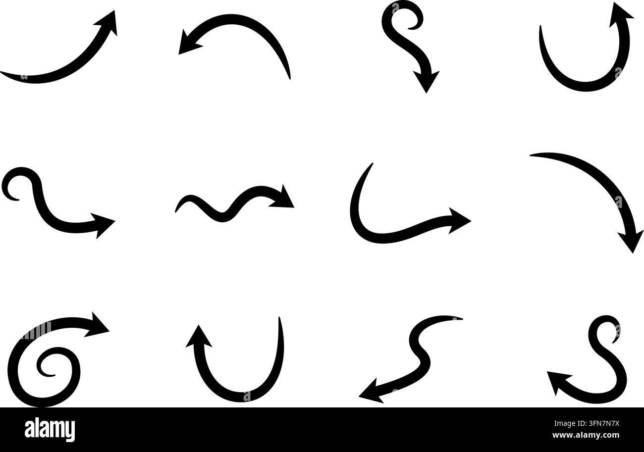 Presentazione di una collezione versatile di icone a freccia nere disegnate a mano su uno sfondo bianco pulito. Perfetto per una navigazione chiara Illustrazione Vettoriale