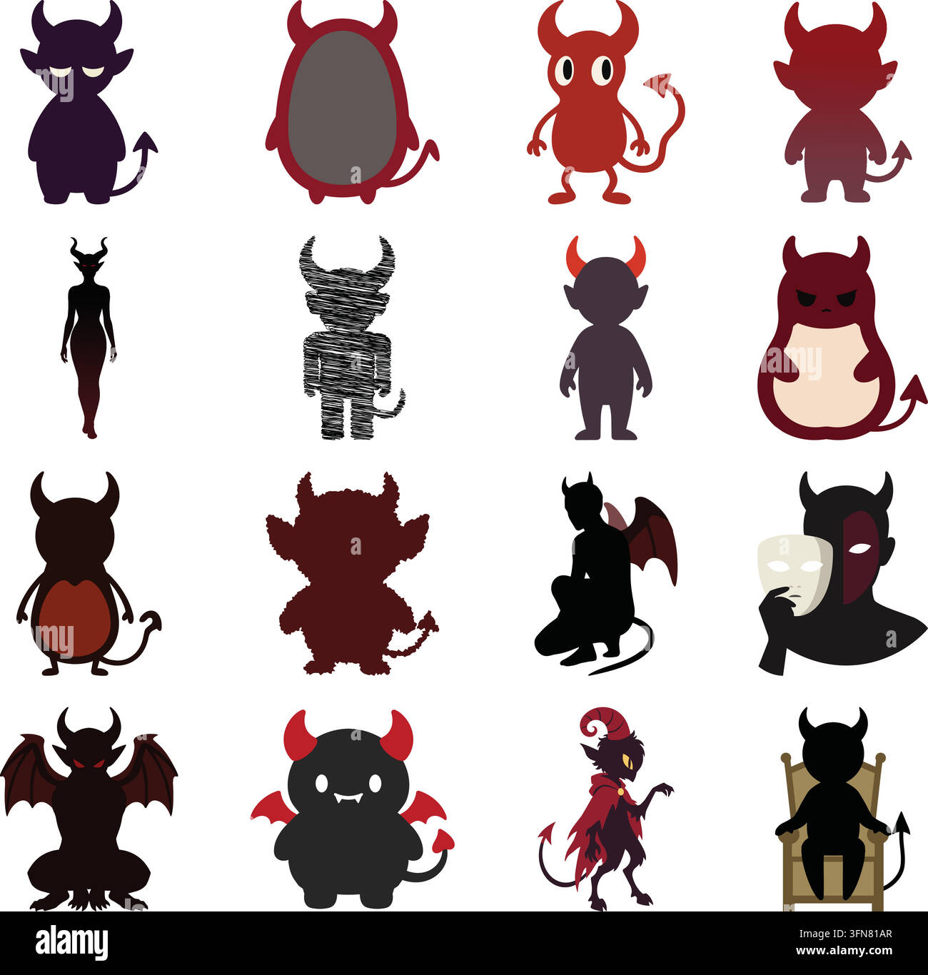Una raccolta di illustrazioni dark fantasy con vari personaggi demoniaci e diavoleschi con corna in diverse pose e stili, inclusi folletti carini, ombrosi Illustrazione Vettoriale