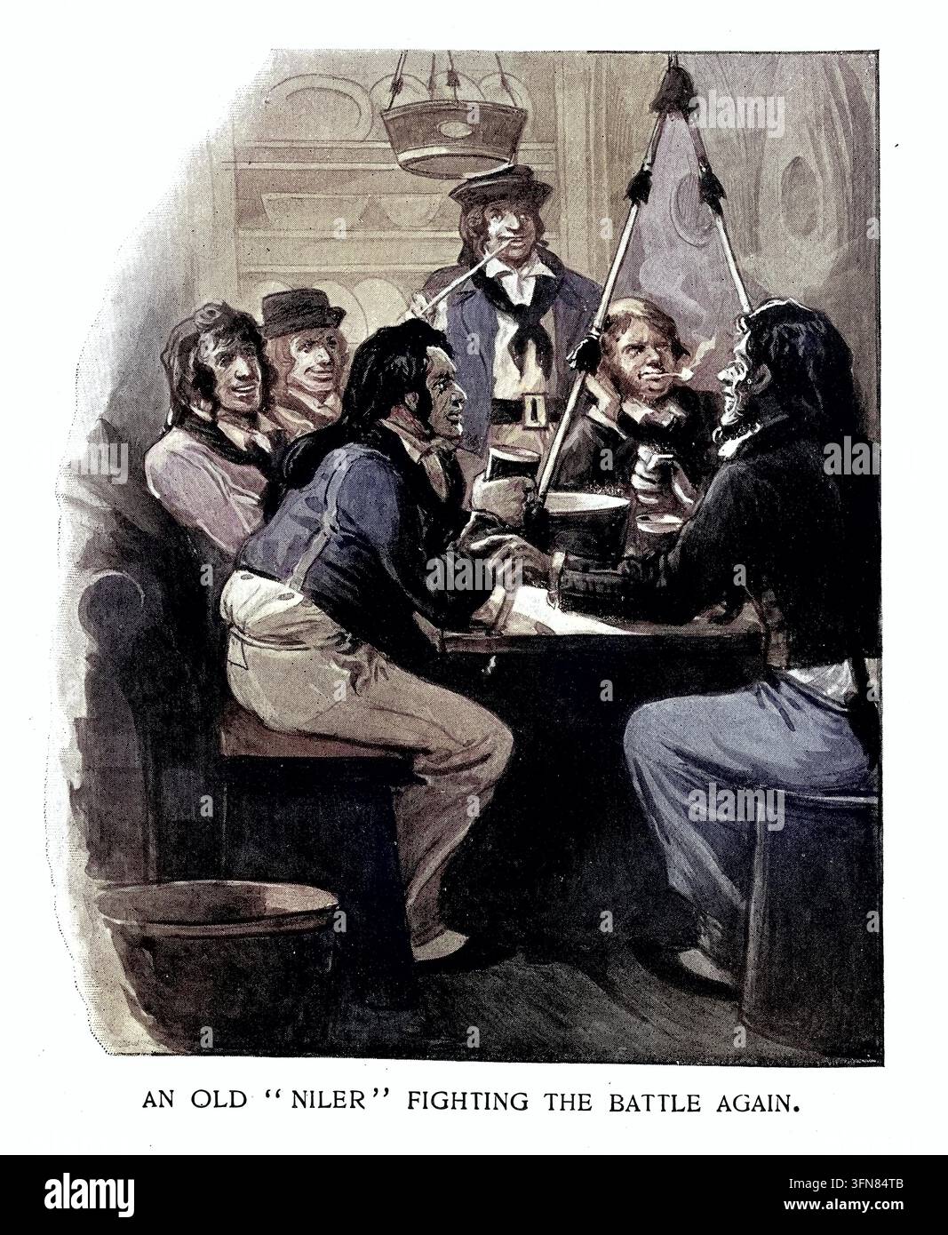 Storia della Royal Navy britannica, raccontare storie, fumare la pipa e bere, un vecchio nilota che combatte di nuovo la battaglia Illustrazione vintage Foto Stock