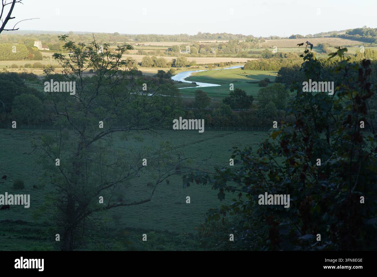 Il fiume Ouse si snoda attraverso i campi verdi della valle vicino a Lewes. Gli alberi incorniciano la vista, con i South Downs all'orizzonte. Foto Stock