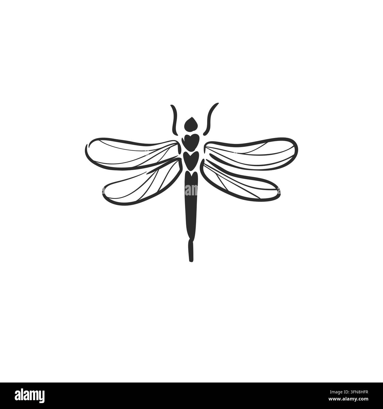 Illustrazione vettoriale di arte lineare di libellula disegnata a mano, insetto bianco e nero con ali delicate per tatuaggio, stampa alla moda boho, logo, natura, spirituale Illustrazione Vettoriale