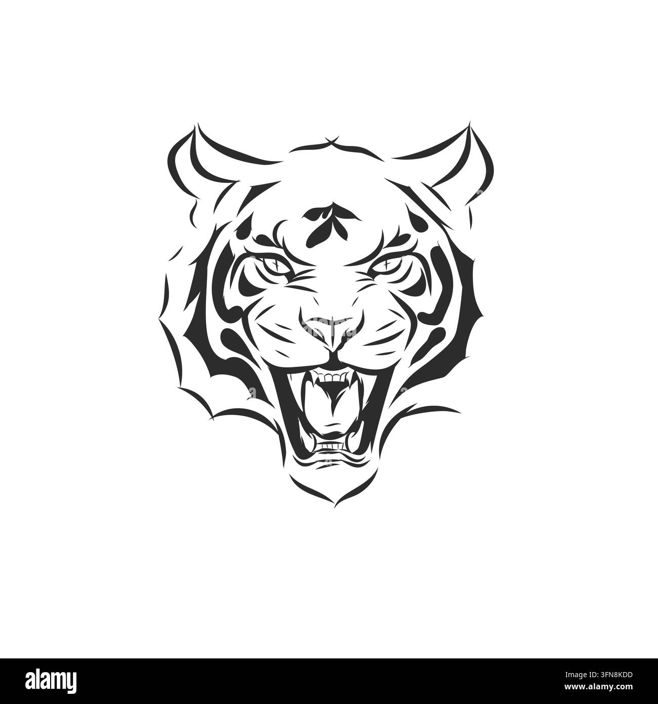 Arte lineare della testa di tigre ruggente, predatore felino selvaggio feroce, design di tatuaggio ispirato al giapponese, illustrazione vettoriale in bianco e nero Illustrazione Vettoriale