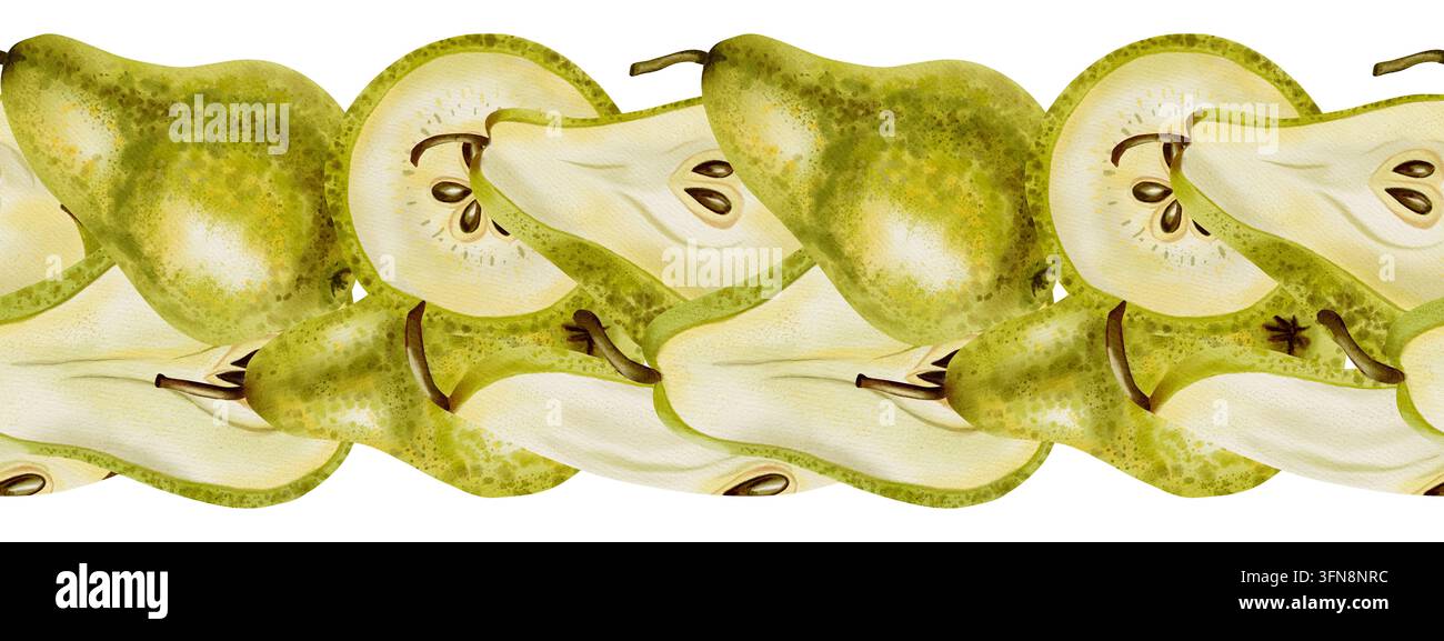 Bordo orizzontale infinito con pere vivaci. Bordo di frutta disegnato a mano. Ideale per confezionamento di alimenti, stampe tessili, biancheria da cucina, cestino Foto Stock