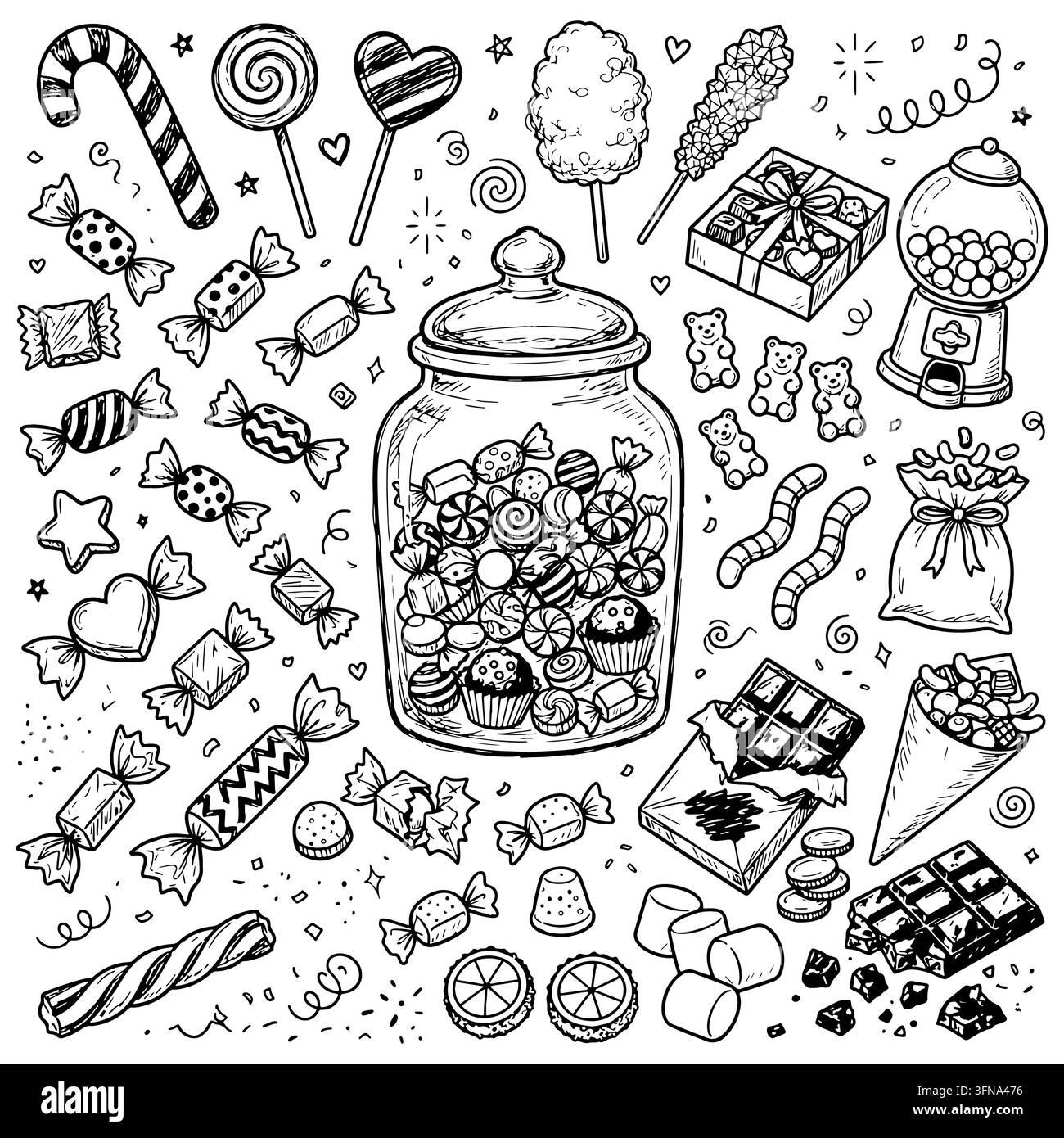 Set di doodle di caramelle e dolci, schizzo ad inchiostro disegnato a mano con lecca-lecca, cioccolato, barattolo di caramelle e caramelle avvolte. Illustrazione Vettoriale