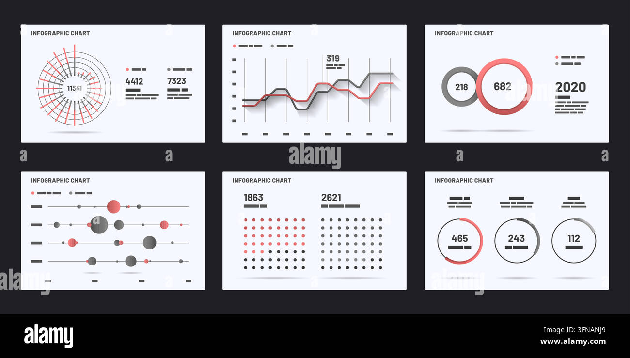 Grafici infographic minimalisti con indicatori circolari, tendenze lineari e layout di visualizzazione dei dati puliti. Illustrazione Vettoriale