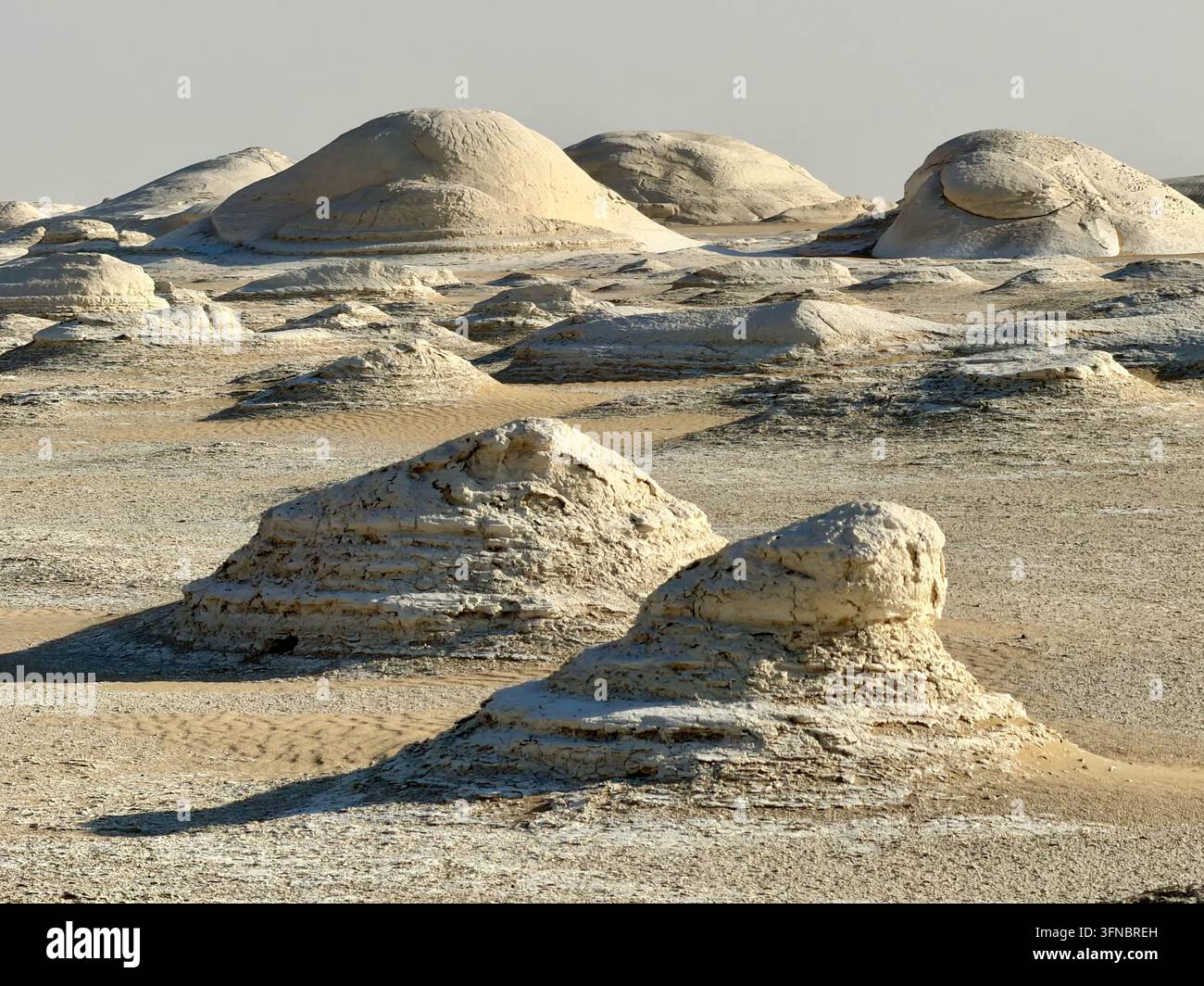Cupole di gesso arrotondate dietro rocce erose in primo piano, fotografate nel White Desert National Park nel deserto occidentale dell'Egitto. - Immagine stock catturata con smartphone