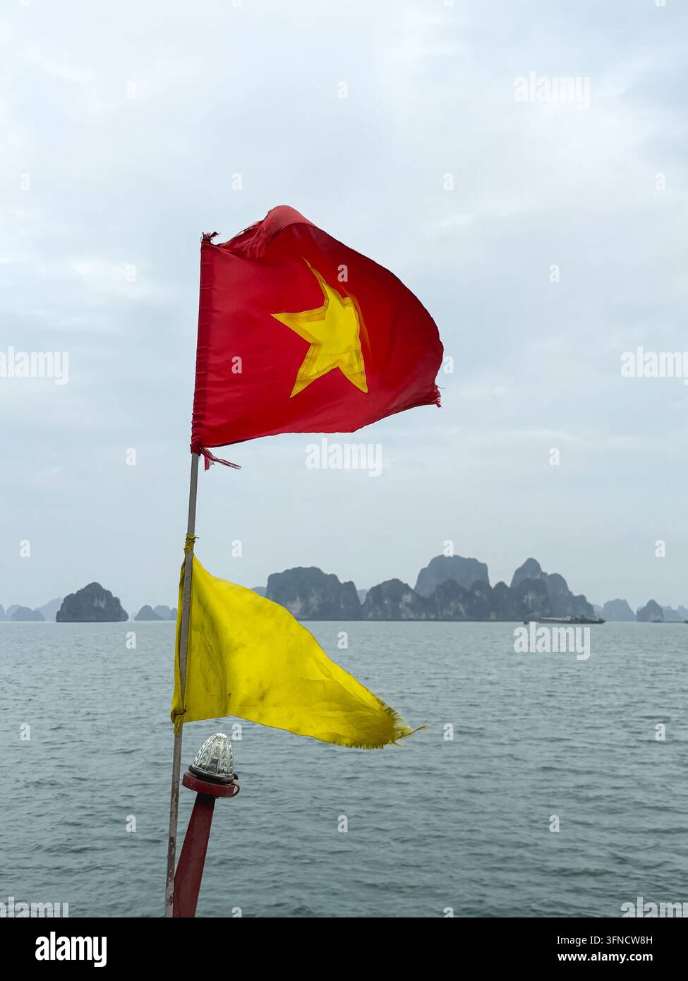 Bandiera vietnamita e bandiera segnaletica gialla su una nave da crociera Foto Stock