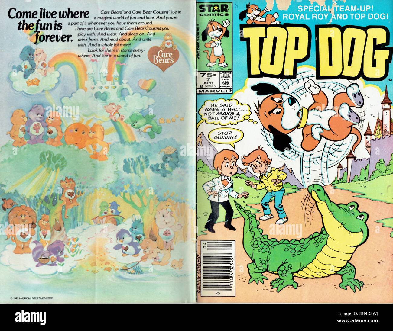 Scansione della copertina del fumetto vintage Top Dog numero 7 del 1986 con layout pubblicitario retro dei Care Bears e dei Care Bear Cousins sulla pagina posteriore Foto Stock
