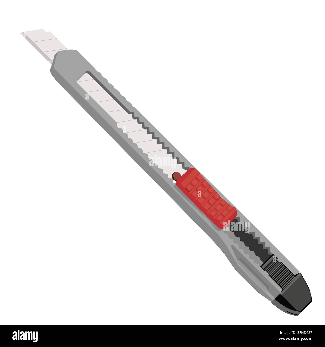Illustrazione vettoriale di un coltello multiuso grigio a scatto con pulsante scorrevole rosso, lama segmentata estesa, isolata su bianco, stile piatto realistico, stazionario Illustrazione Vettoriale
