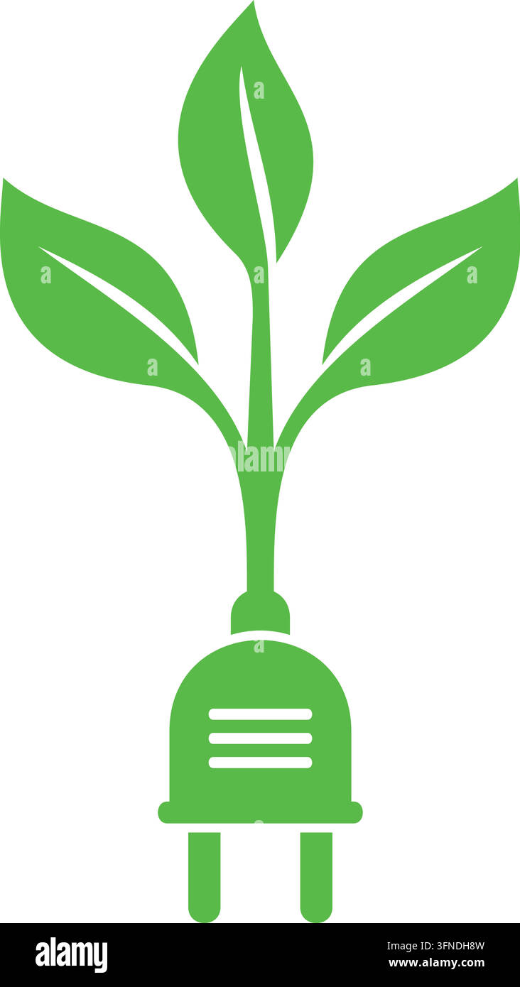 Presa elettrica verde con foglie di piante che crescono da essa, icona dell'energia rinnovabile e dell'elettricità ecologica Illustrazione Vettoriale