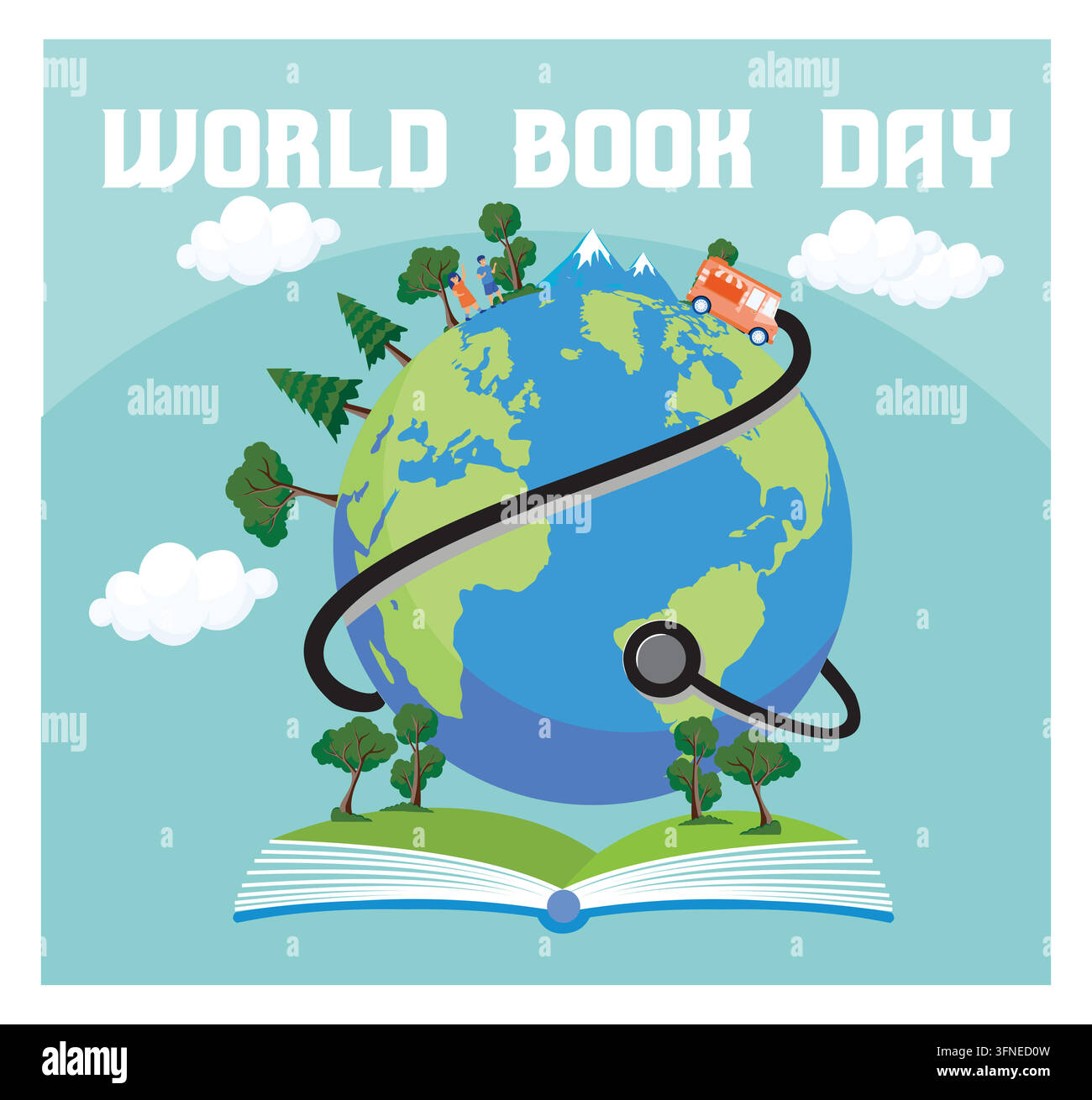 Terra con motivi naturali, libro e tema celebrativo per la Giornata mondiale del libro. Illustrazione moderna vettoriale piatta Illustrazione Vettoriale