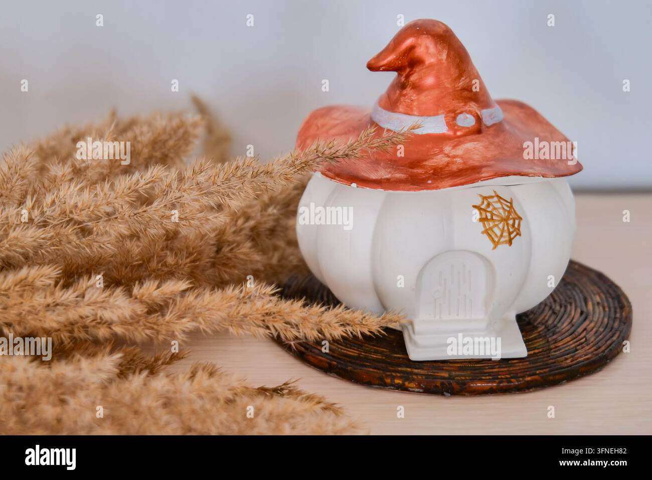 Un cappello da strega bizzarro sormonta una casa di zucca bianca. Una piccola porta e una ragnatela dorata adornano la scena. Erba secca e morbida aggiunge un fascino rustico accanto alla casa Foto Stock
