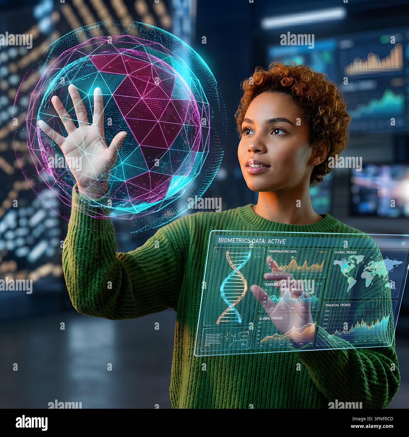 Esperta analizza un display olografico di rete globale altamente tecnologico per la ricerca digitale Foto Stock