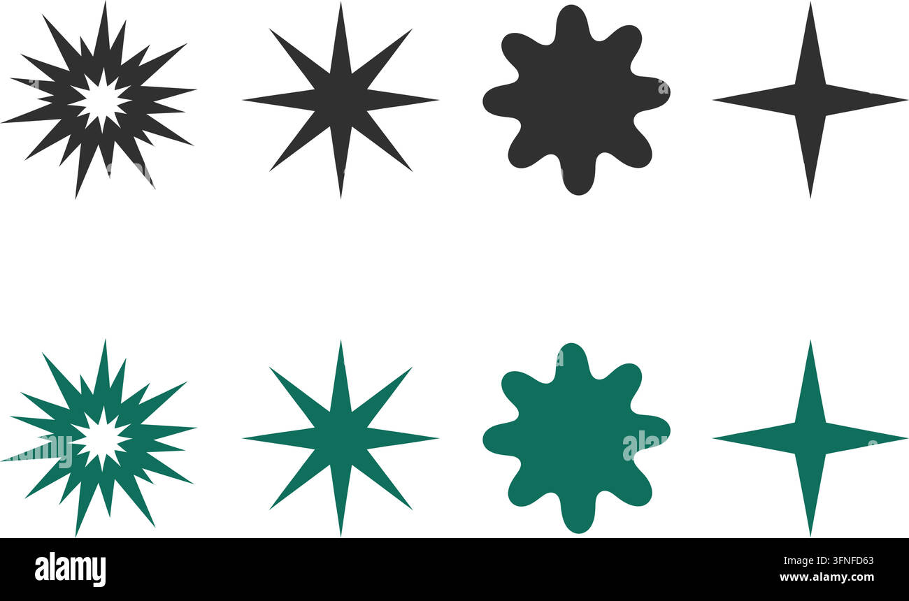 Set di icone a forma di stella e scintilli nelle varianti di colore nero e marrone con esplosioni geometriche e forme morbide su uno sfondo bianco pulito illustrazione vettoriale Illustrazione Vettoriale