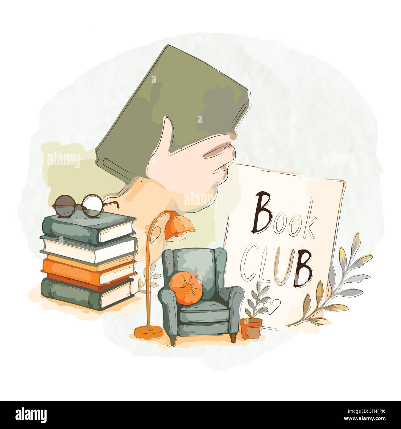 Illustrazione ad acquerello accogliente di un concetto di libro club con una mano che tiene un libro, una pila di libri con occhiali, una comoda poltrona, una lampada da lettura Illustrazione Vettoriale