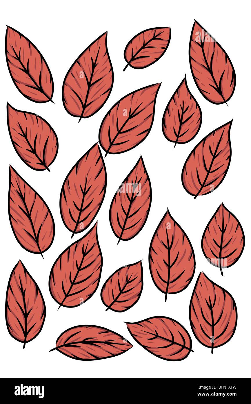 Illustrazione di una raccolta di foglie autunnali rosse in uno stile di illustrazione semplice disegnato a mano, disposte verticalmente su uno sfondo bianco pulito. Foto Stock