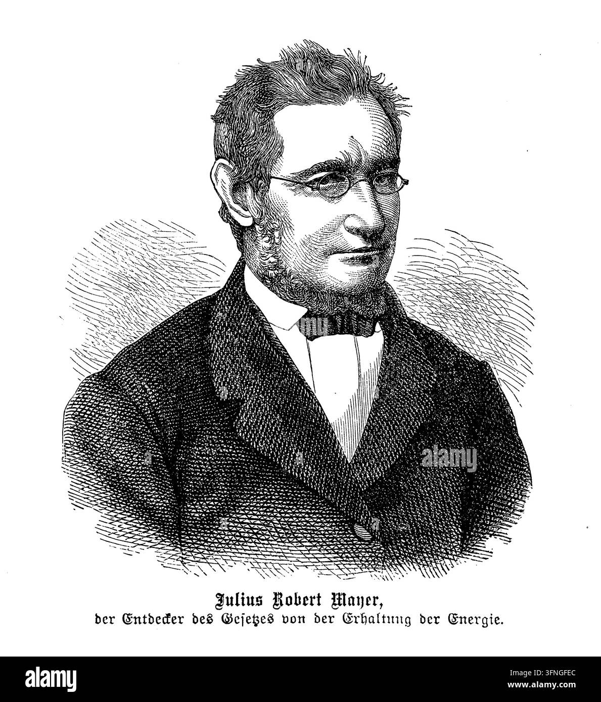 Ritratto di Julius Robert Mayer (1814–1878). Ritratto inciso del XIX secolo di Julius Robert Mayer, medico, chimico e fisico tedesco, e uno dei pionieri della termodinamica. Mayer è particolarmente associato al principio di conservazione dell'energia e all'equivalente meccanico del calore. Un ritratto storico che rappresenta lo sviluppo della fisica e delle scienze dell'energia nel XIX secolo. Foto Stock