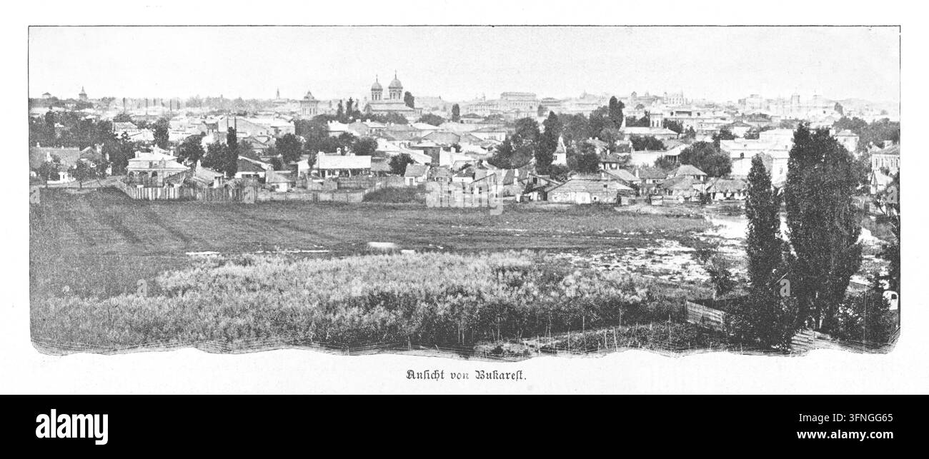 Paesaggio urbano di Bucarest, Vista panoramica con chiese e sfondo rurale, Incisione del XIX secolo. Foto Stock