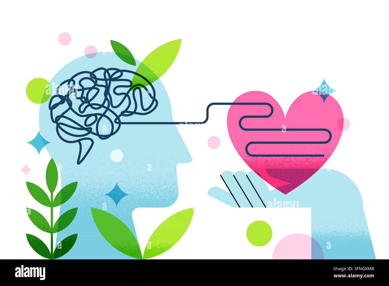 Modello di progettazione psicologica astratto vettoriale piatto sulla salute mentale, concetto di intelligenza emotiva. Modello di progettazione psicologica con silhouette della testa umana, groviglio di linee cerebrali, hea rosa Illustrazione Vettoriale