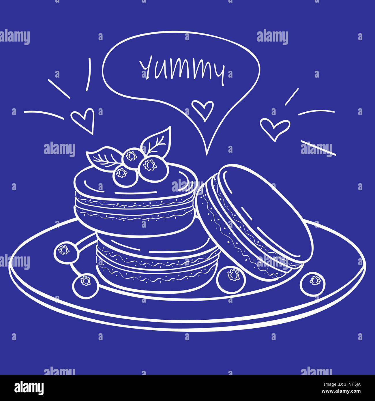 Doodle Dessert francese Macarons ai mirtilli su piatto Illustrazione Vettoriale