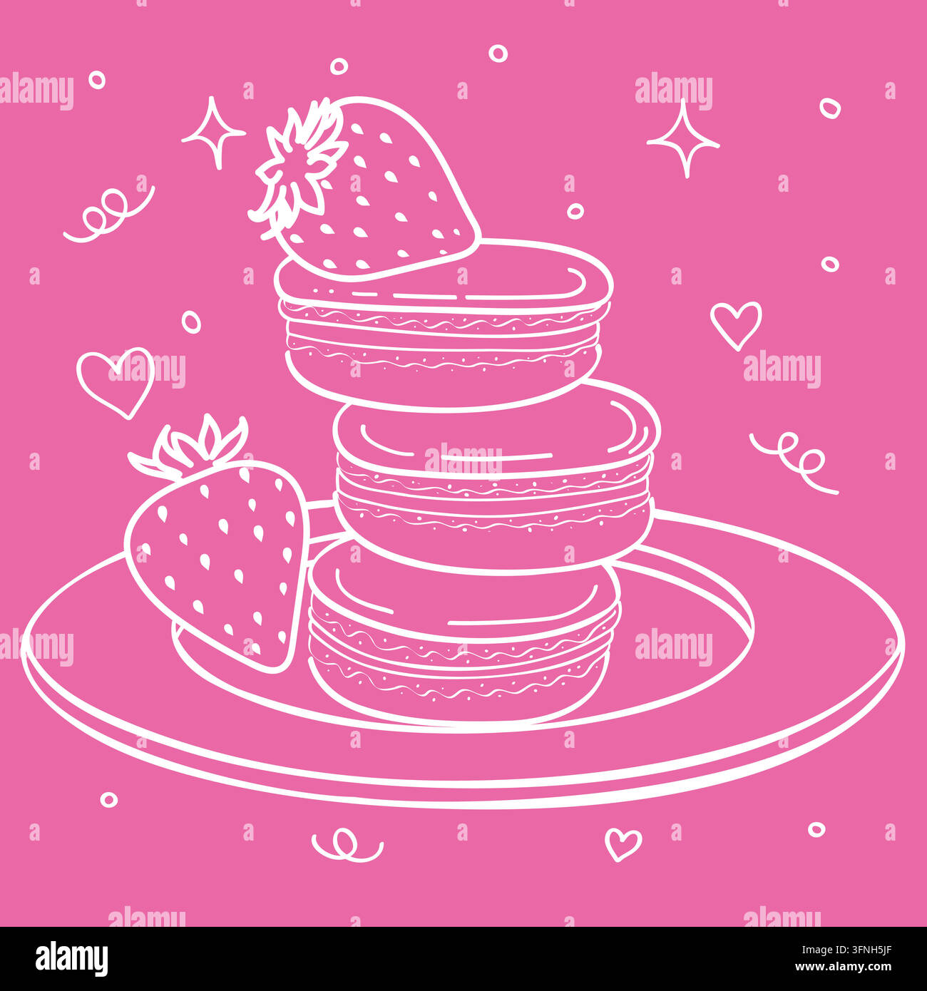 Doodle di dessert francese Macarons alle fragole su piatto Illustrazione Vettoriale