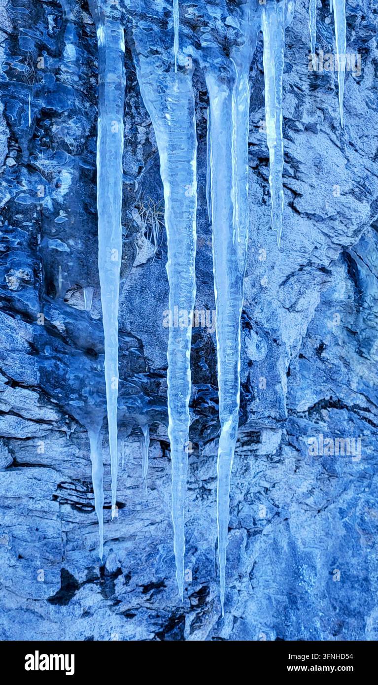 Grandi cappocci di ghiaccio pendenti da una massiccia roccia, Oberland bernese, Svizzera Foto Stock