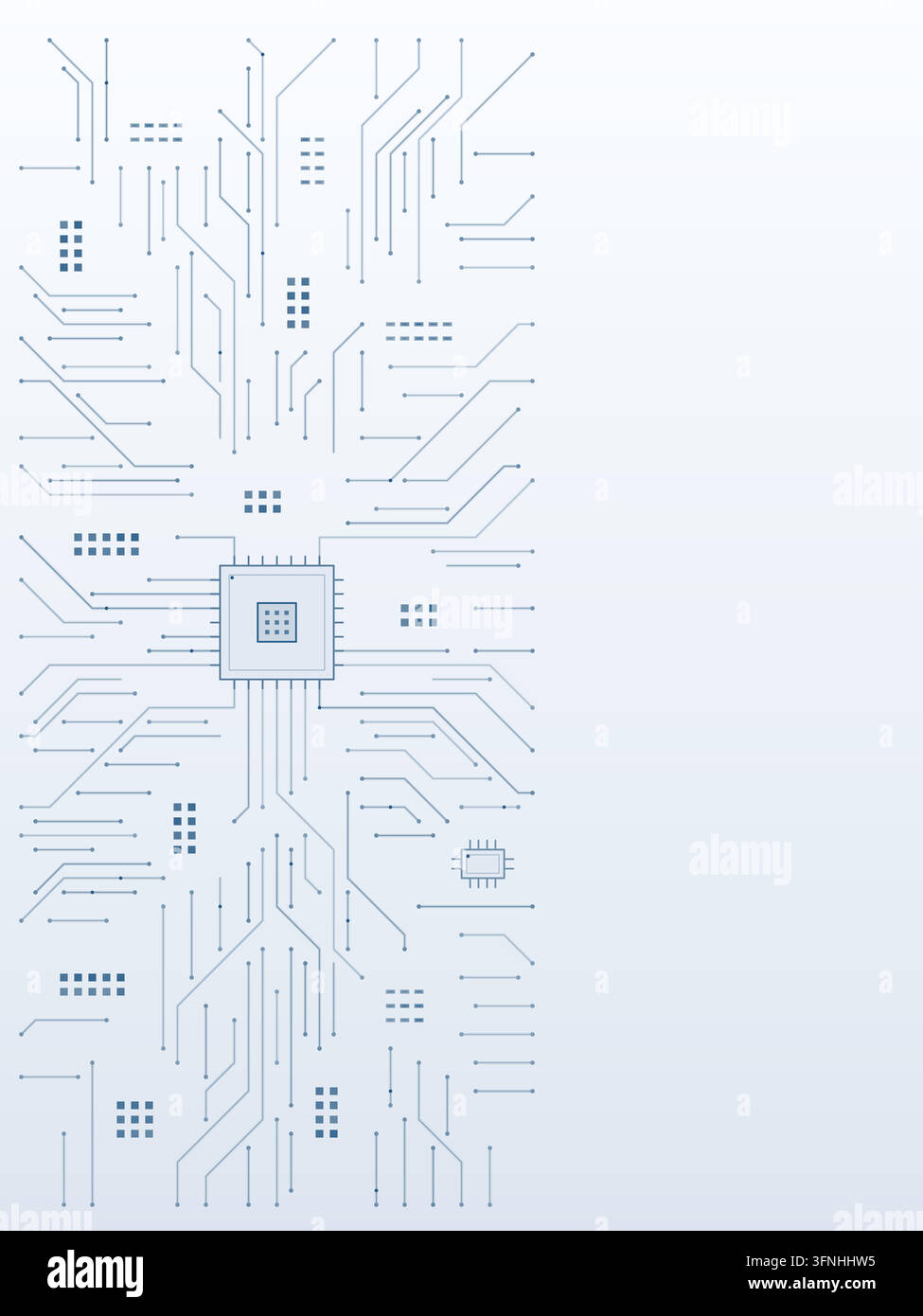 Sfondo tecnologico di hub processore blu chiaro con spazio libero a destra. Illustrazione vettoriale modificabile con tracce di segnale angolari, componenti elettronici, Illustrazione Vettoriale