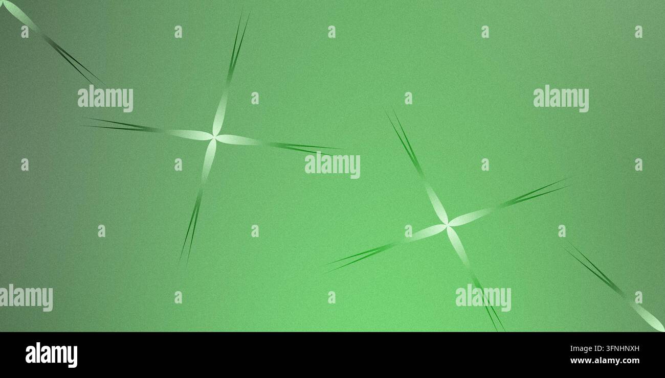 Uno sfondo sfumato verde morbido e granuloso con forme delicate a quattro punte a forma di stella o croce luminose con sottili strisce di luce radenti. Foto Stock