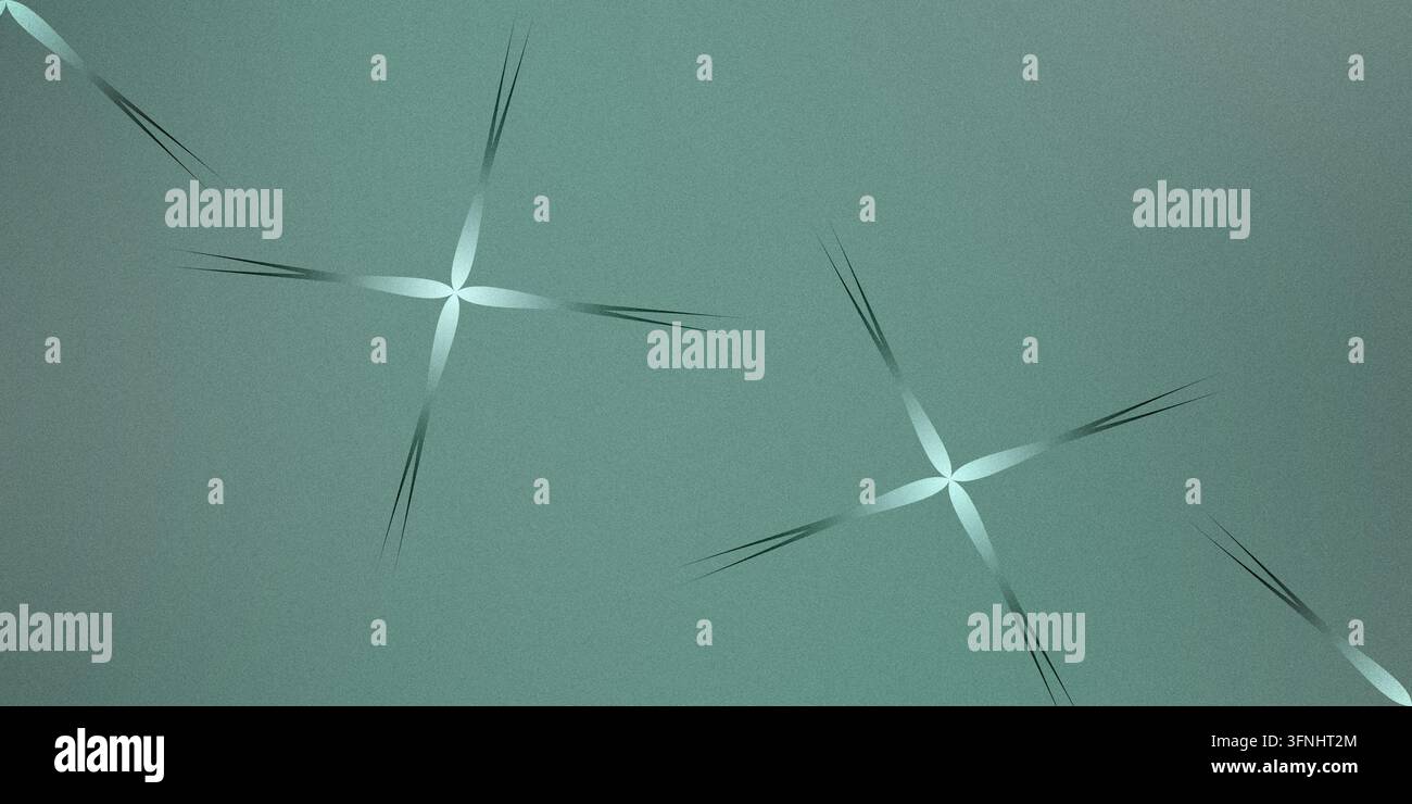 Uno sfondo digitale astratto con una sfumatura morbida blu-verde o turchese con una texture granulosa e due elementi stellari a quattro punte luminosi e prominenti Foto Stock