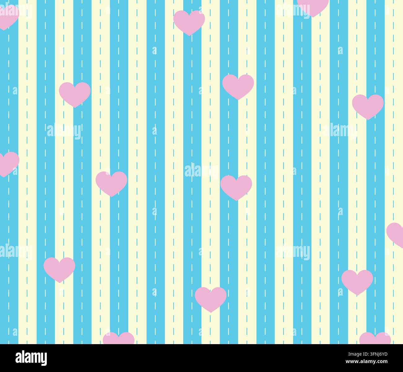 Cuori rosa pastello su uno schema a righe blu senza cuciture. Uno schema senza cuciture carino con cuori rosa morbidi sparsi su un fondo blu pastello e crema verticale Illustrazione Vettoriale