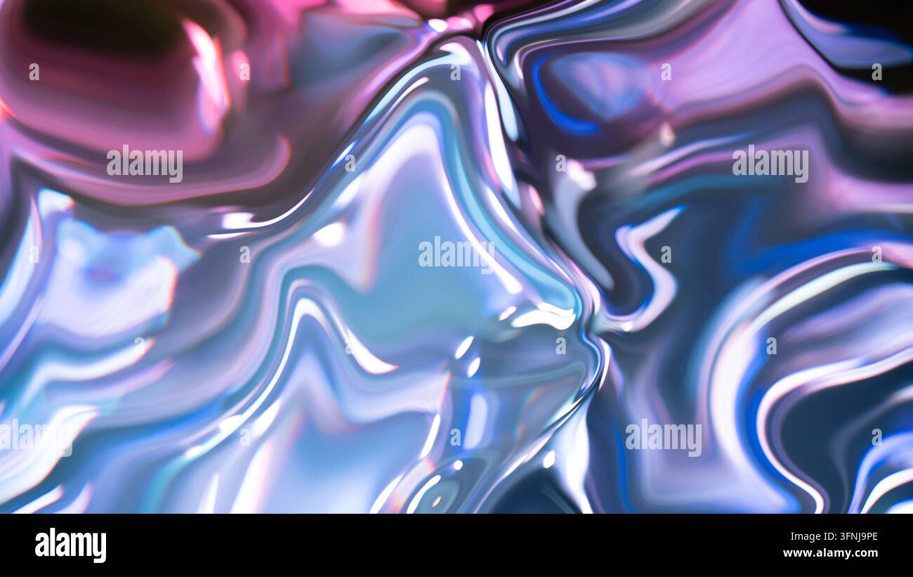 Superficie cromata liquida e lucida che forma onde astratte fluenti in tonalità luminose di blu, rosa, viola e argento, creando uno sfondo iridescente futuristico Foto Stock