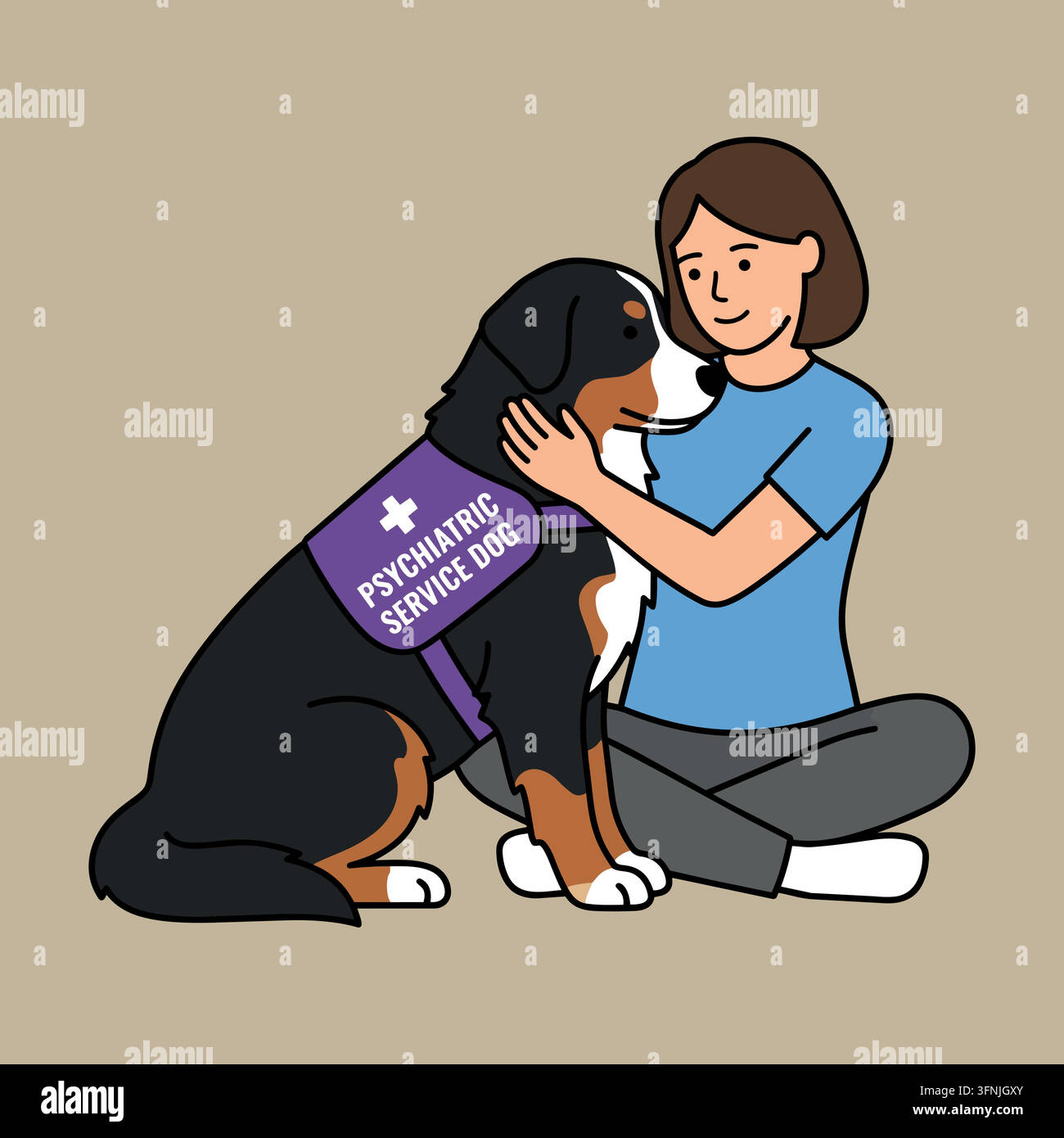 Cane d'assistenza psichiatrica che abbraccia una donna, illustrazione di animale di supporto emotivo Bernese Mountain Dog. Illustrazione Vettoriale