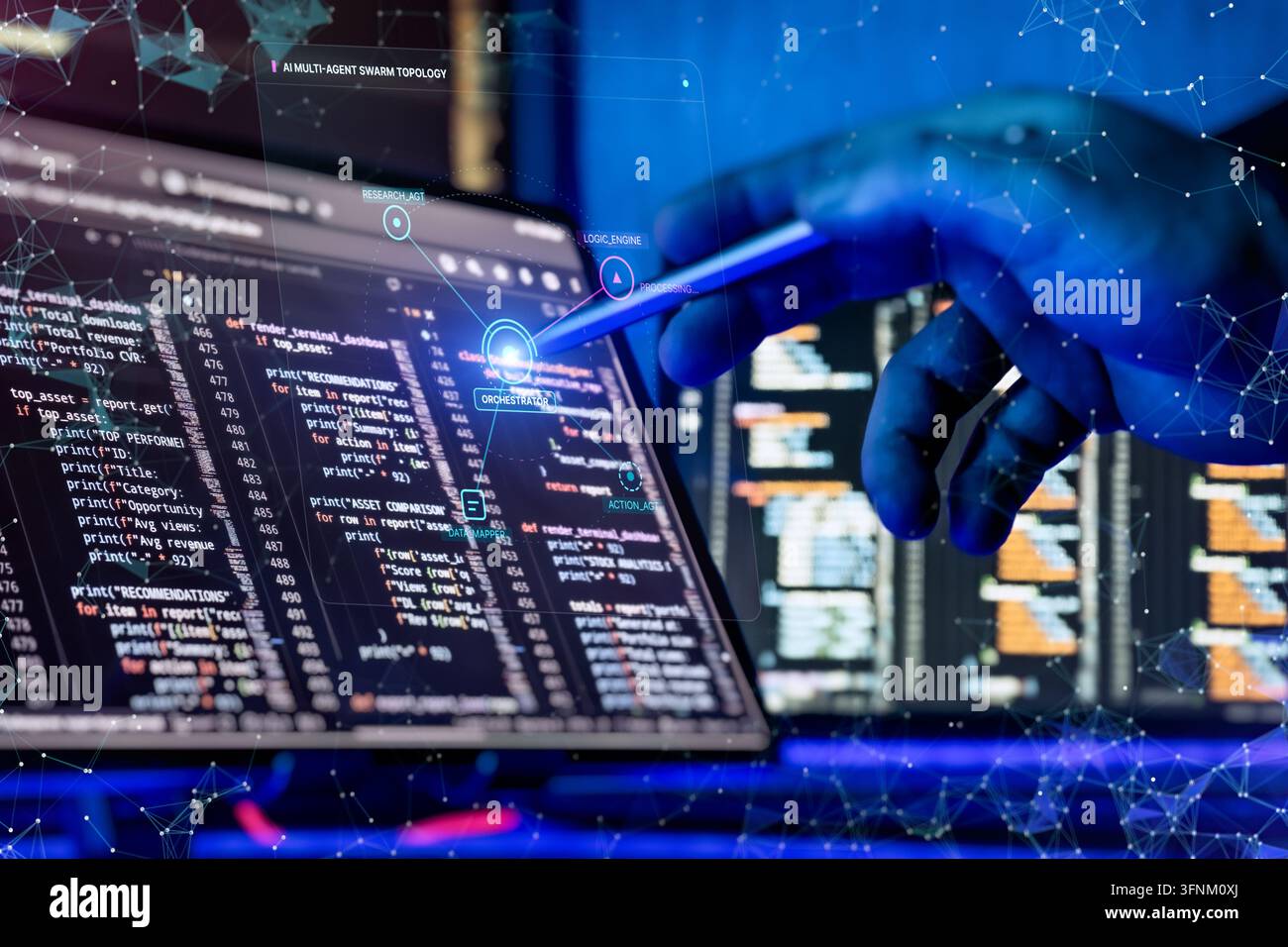 Sistema di intelligenza artificiale multiagente con coordinamento a sciami, interfaccia orchestratore e ambiente di ingegneria software Foto Stock