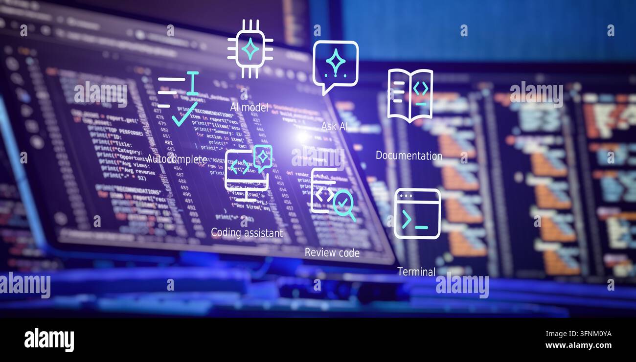 Assistente di programmazione per Intelligenza Artificiale con modello AI, automazione del codice, flusso di lavoro dello sviluppatore e strumenti di codifica intelligenti Foto Stock