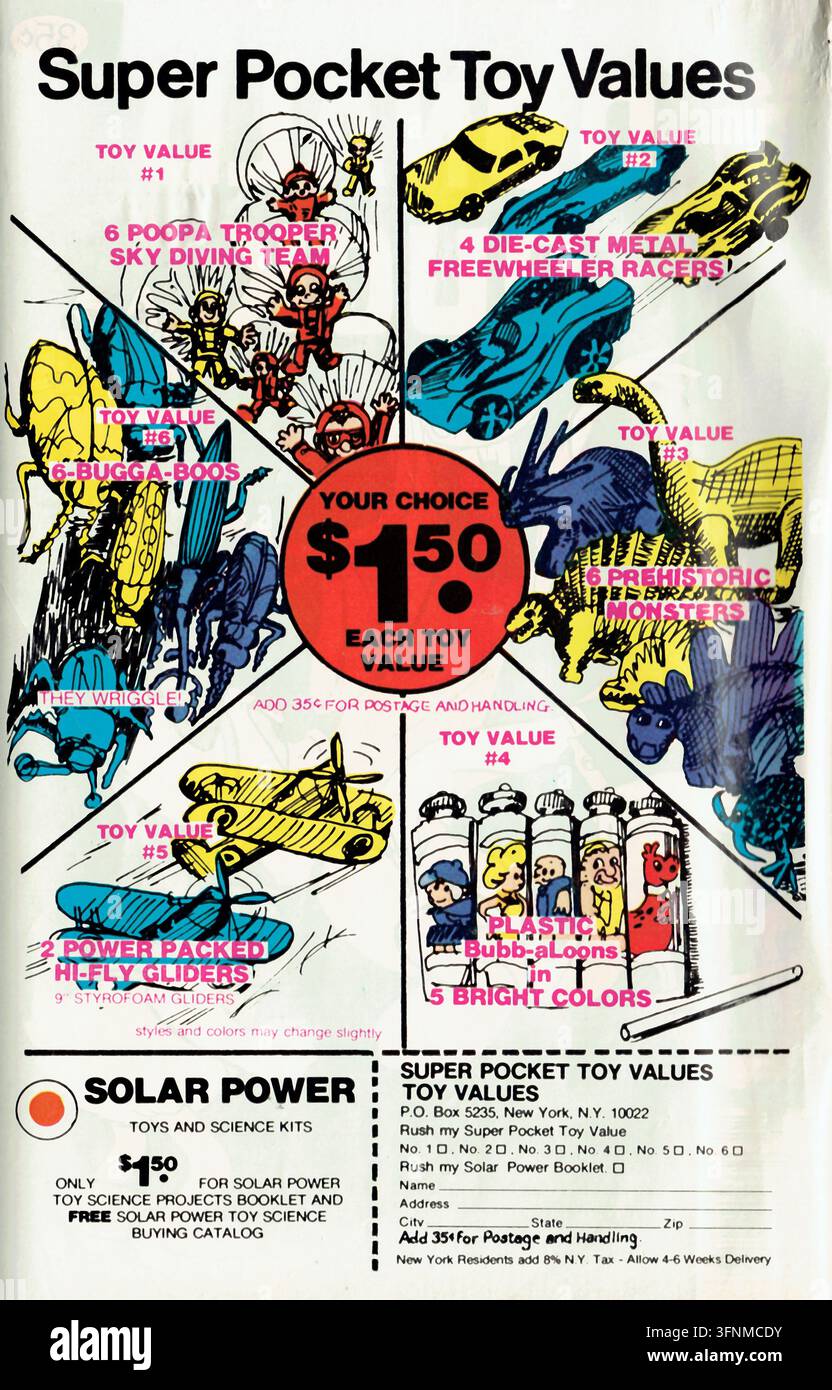 Scansione pubblicitaria interna a pagina intera vintage del 1979 per il catalogo di vendita per corrispondenza Super Pocket Toy Values di New York che offre articoli di novità Foto Stock