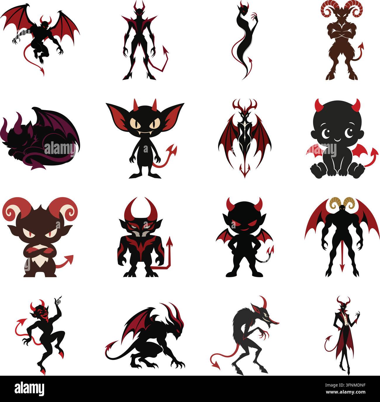 Una raccolta di illustrazioni dark fantasy con vari personaggi di demoni e diavoli cornuti in silouette drammatiche e forme stilizzate Illustrazione Vettoriale