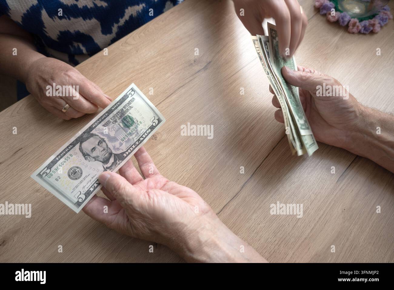 Un modesto budget familiare; dollari nelle mani di anziani. Foto Stock