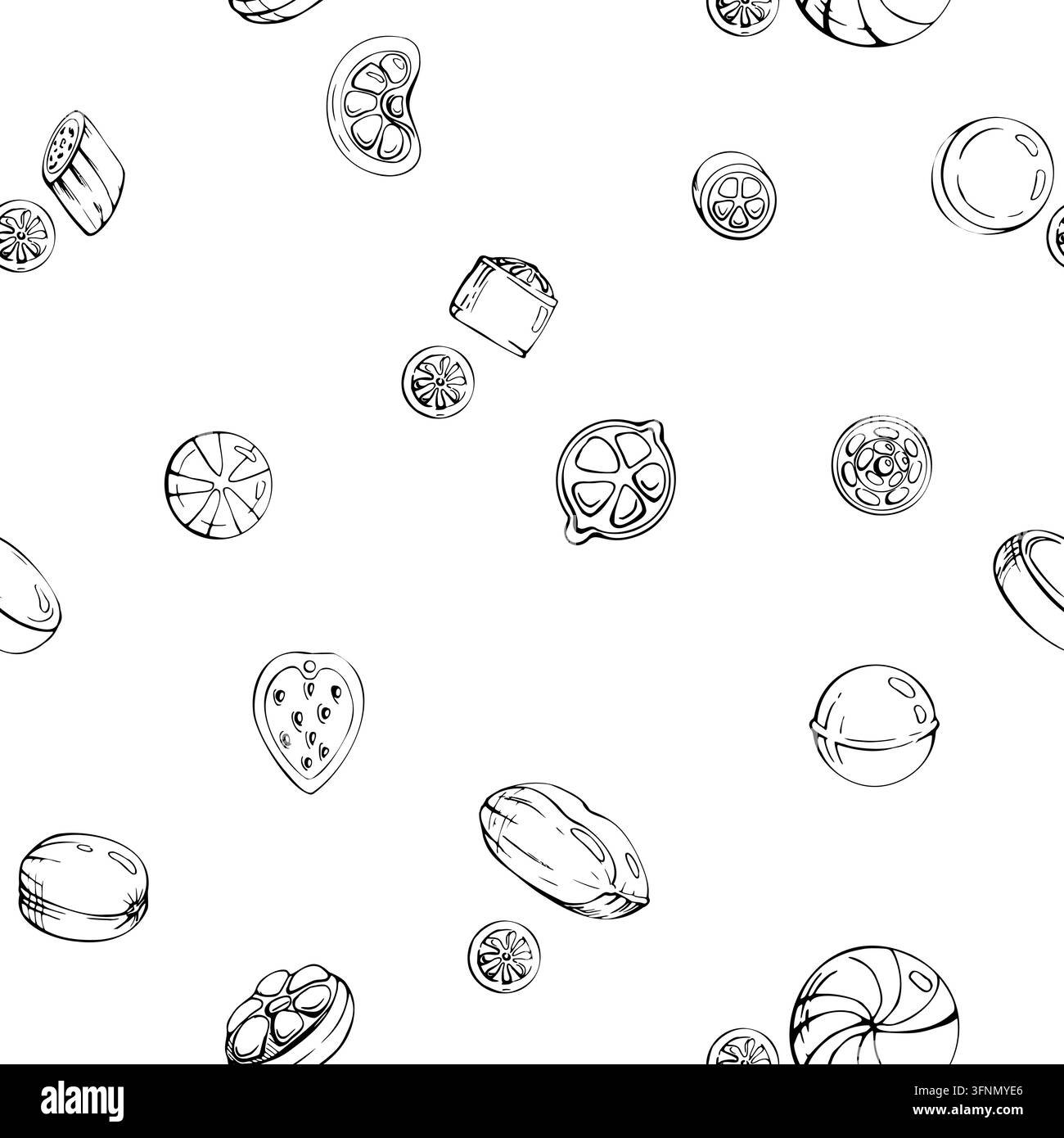 Dolci duri assortiti a forma di agrumi e bacche di fragola, zucchero candito, pastiglie per la tosse, palline di gomma da masticare motivo senza cuciture sparso. Isolato disegnato a mano Illustrazione Vettoriale