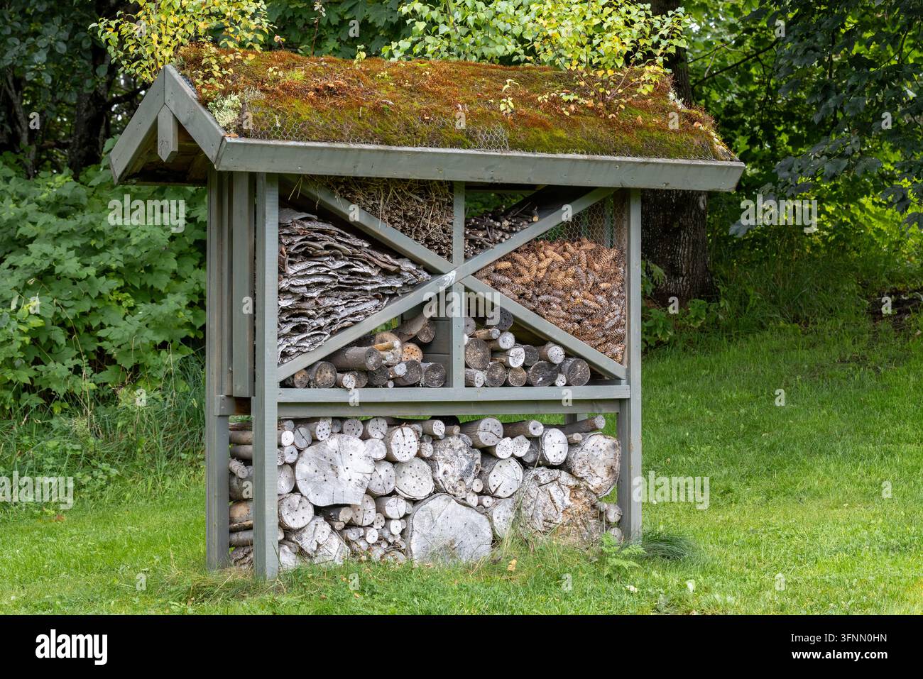 Grande hotel per insetti realizzato con tronchi, corteccia, pigne e steli di piante cavi con un tetto verde vivente al Giardino Botanico Ringve di Trondheim, Norvegia. W Foto Stock