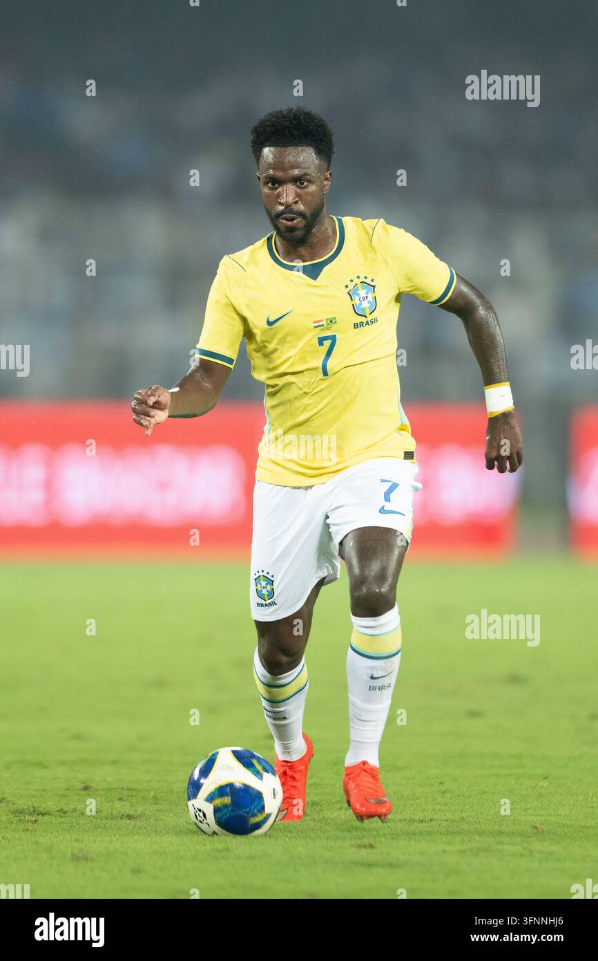 Partita amichevole internazionale India contro Brasile, Amichevole FIFA, Calcutta, India, 3 ottobre 2026. L'India in maglia blu, il Brasile in gialla. Foto Stock