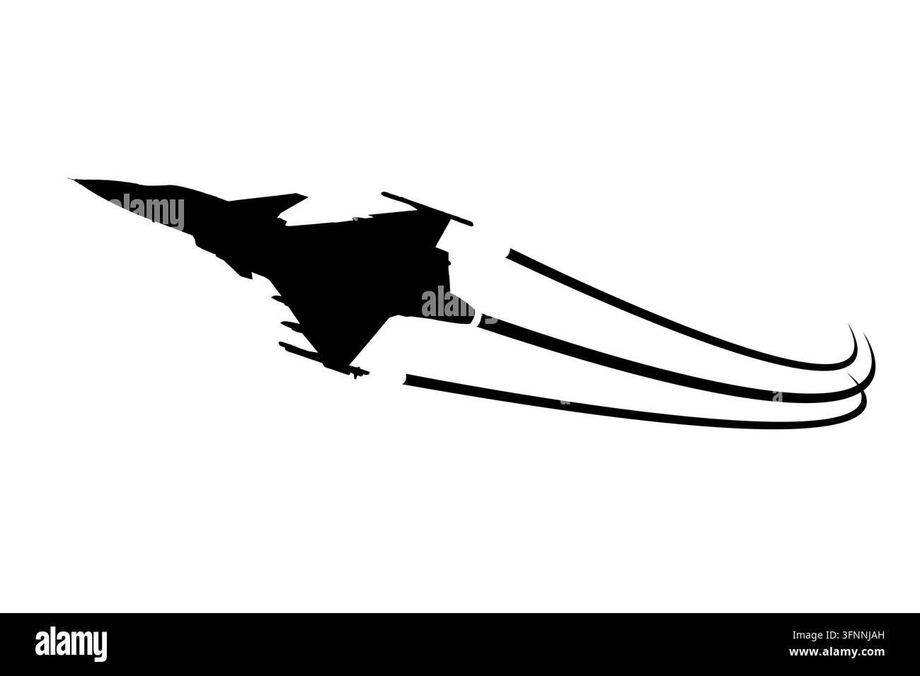 Silhouette di un caccia isolata su sfondo bianco, aereo militare nero in volo, ritaglio vista dal basso per design e composito Foto Stock