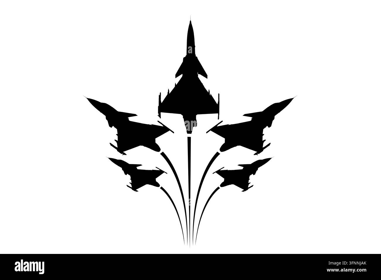 Silhouette di un caccia isolata su sfondo bianco, aereo militare nero in volo, ritaglio vista dal basso per design e composito Foto Stock