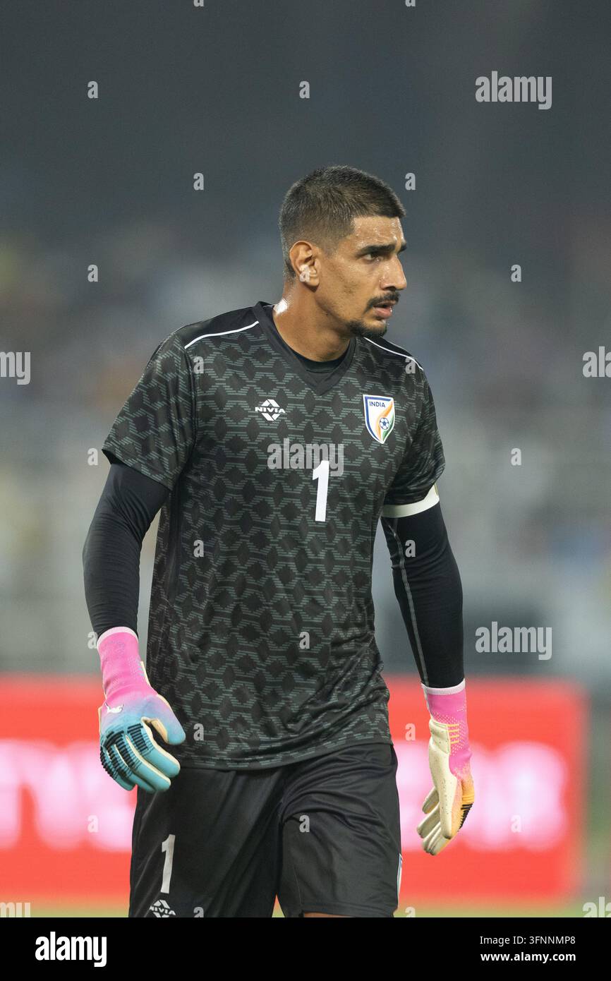 Partita amichevole internazionale India contro Brasile, Amichevole FIFA, Calcutta, India, 3 ottobre 2026. L'India in maglia blu, il Brasile in gialla. Foto Stock