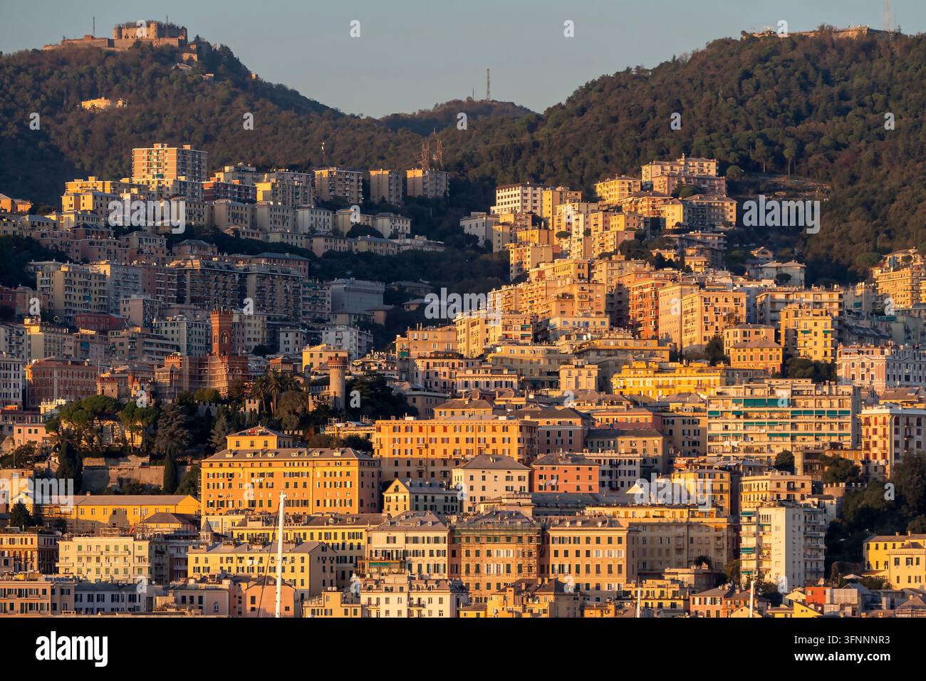 Genova in Italia: Il paesaggio urbano illuminato dal sole del tardo pomeriggio Foto Stock