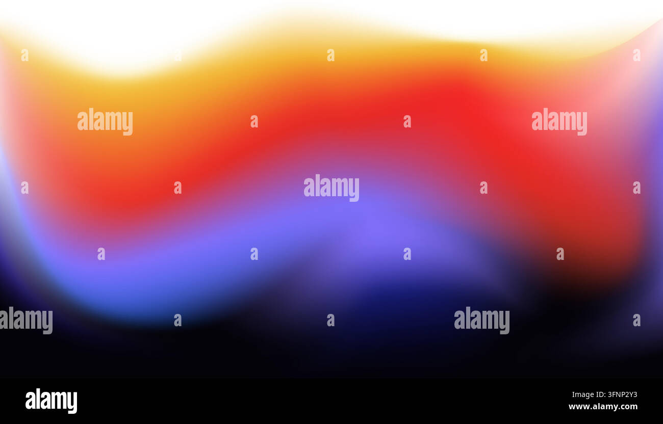 Degradato astratto orizzontale con bande calde di giallo, arancione, rosso che si fondono in toni freschi di viola, blu e nero profondo per un design di sfondo moderno e Illustrazione Vettoriale