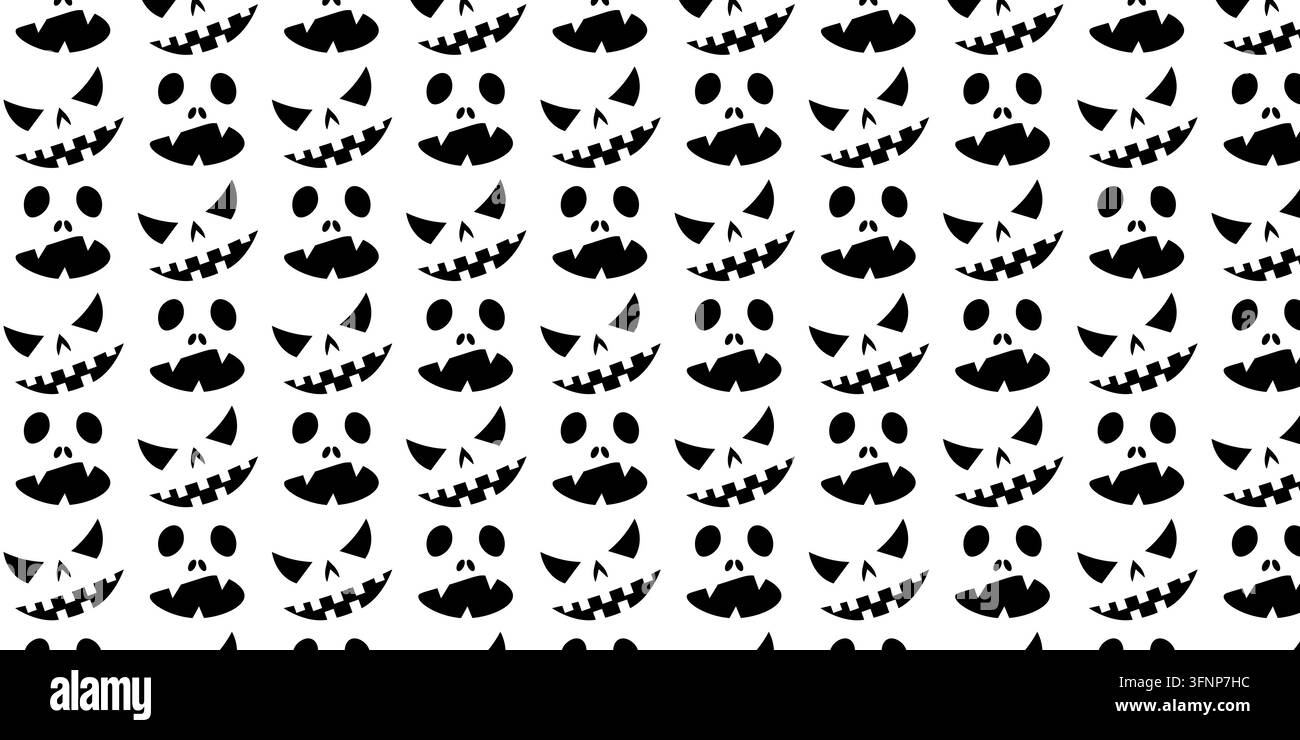 Volti spaventosi di Halloween con motivo ripetitivo sfondo vettoriale. Modello di carta da parati continua con espressioni di zucche di Halloween arancioni per carta da regalo festiva Illustrazione Vettoriale